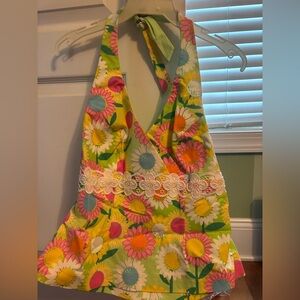 Vintage Lilly Pulitzer floral coral halter stretch top, size 8, NWT, daisy lace